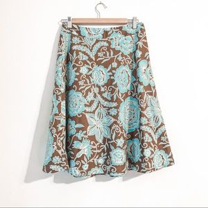 J McLaughlin Blue Brown White Floral A-Line Skirt